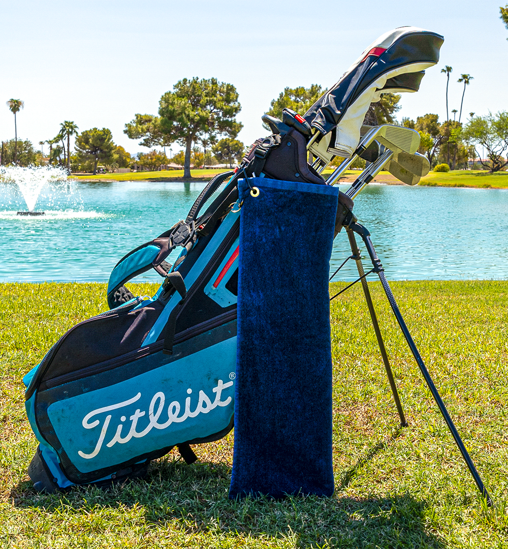 navy golf towel with no logo on golf bag